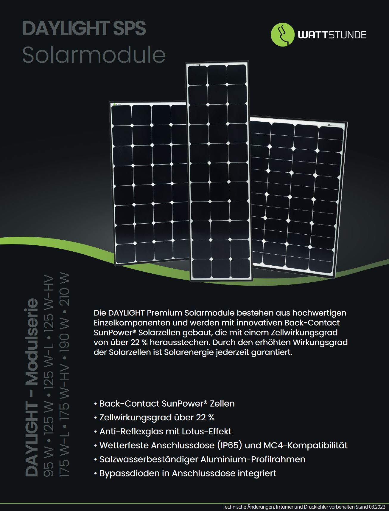WATTSTUNDE : WATTSTUNDE® WS125SPS-L DAYLIGHT Sunpower Solarmodul 125Wp